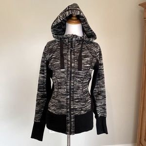 Nordstrom Zella Black White Spacedye Hooded Long Sleeve Front Zip Jacket Sz Med